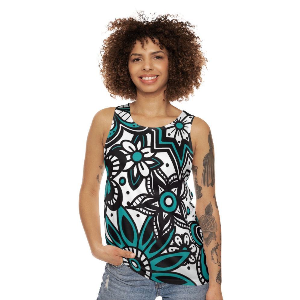 Teal and white floral print unisex tank top - women