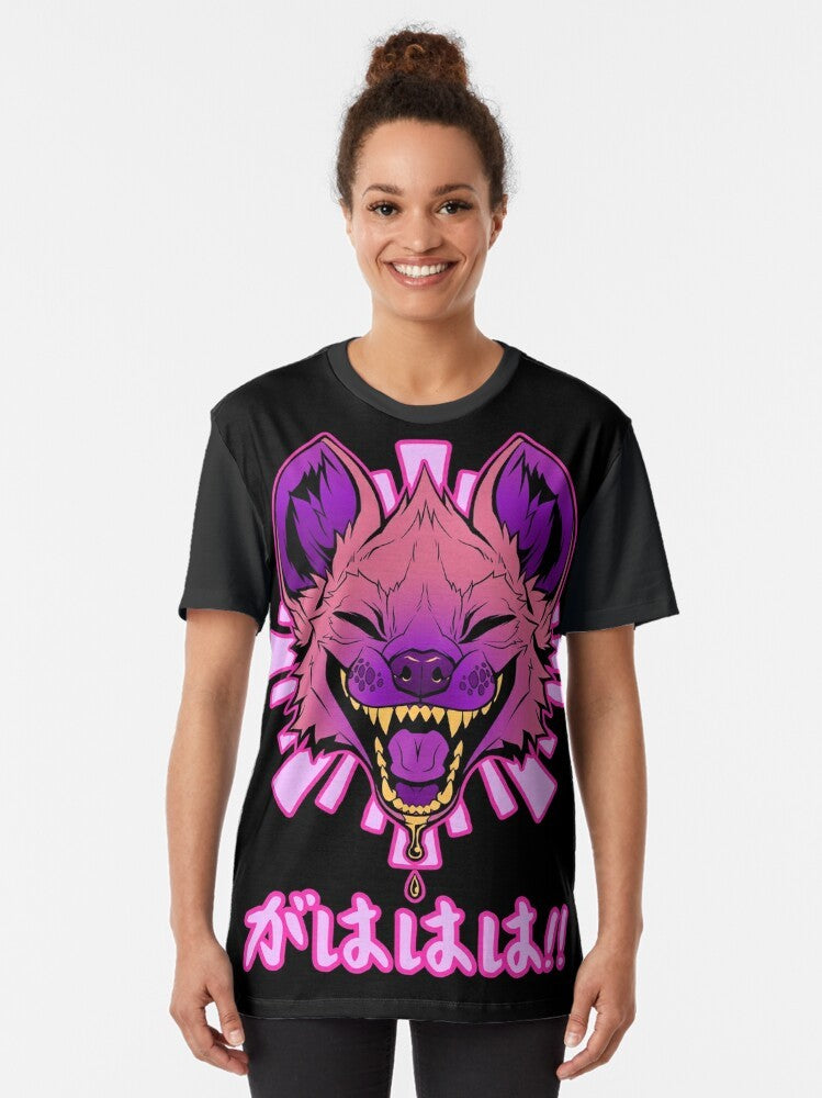 Adorable chibi hyena character in a kawaii Japanese-inspired vaporwave design on a graphic t-shirt. - Women