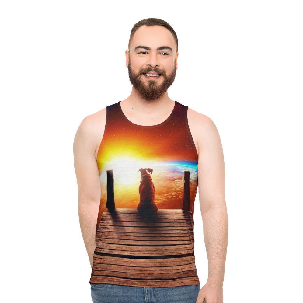 Surreal unisex tank top with digital collage of space and a dog - men