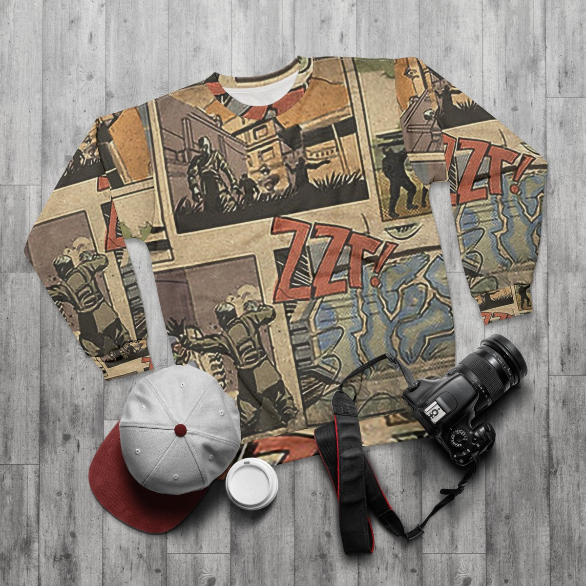 Zombies Loading Screen Comic Sweatshirt with COD Zombies theme - flat lay