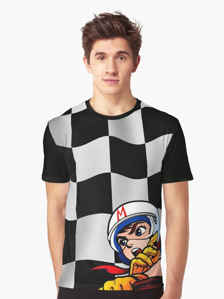 A graphic t-shirt featuring the iconic Speed Racer checkered flag design - Men