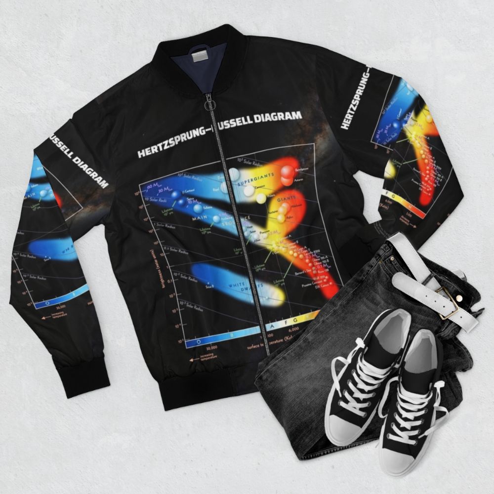 Hertzsprung-Russell diagram bomber jacket featuring a visual representation of the evolution of stars - Flat lay