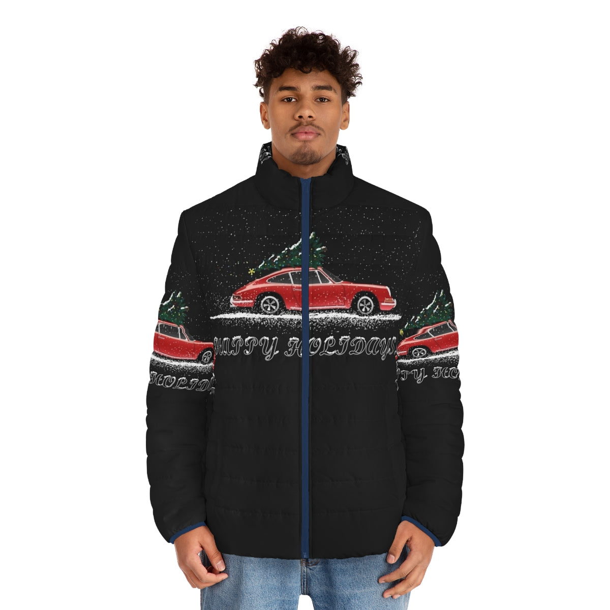 Stylish Porsche 911 puffer jacket with snowy winter and holiday imagery - men front