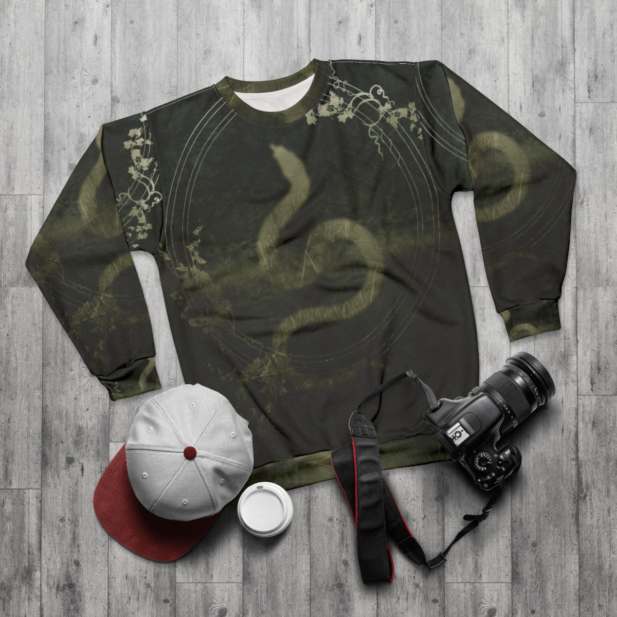 Yggdrasil, the Norse Tree of Life, printed on a cozy sweatshirt - flat lay