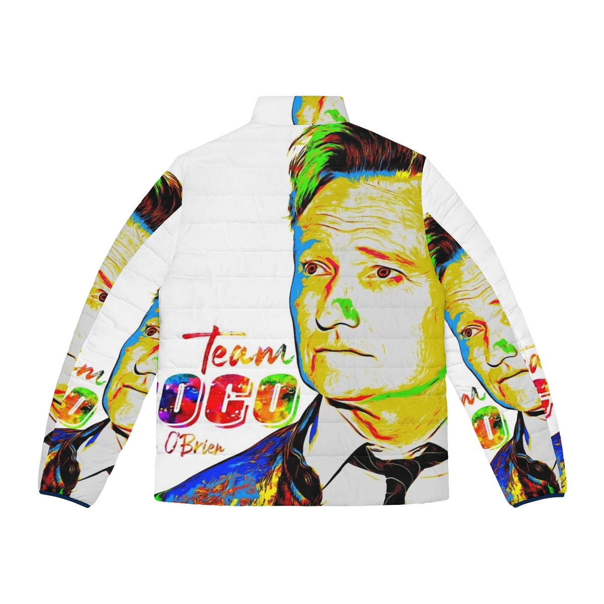 Conan O'Brien Team Coco Puffer Jacket featuring a cool watercolor portrait design - Back