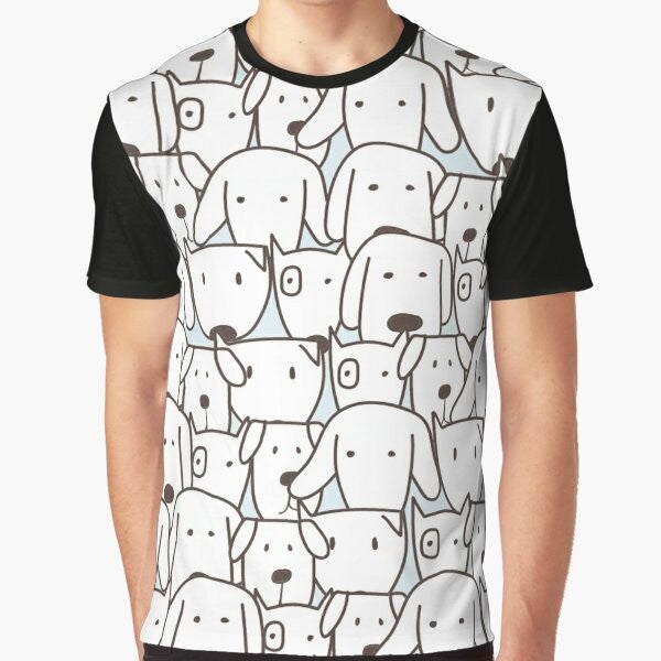 Graphic t-shirt featuring a repetitive pattern of stylized, minimalist dog designs in black and white