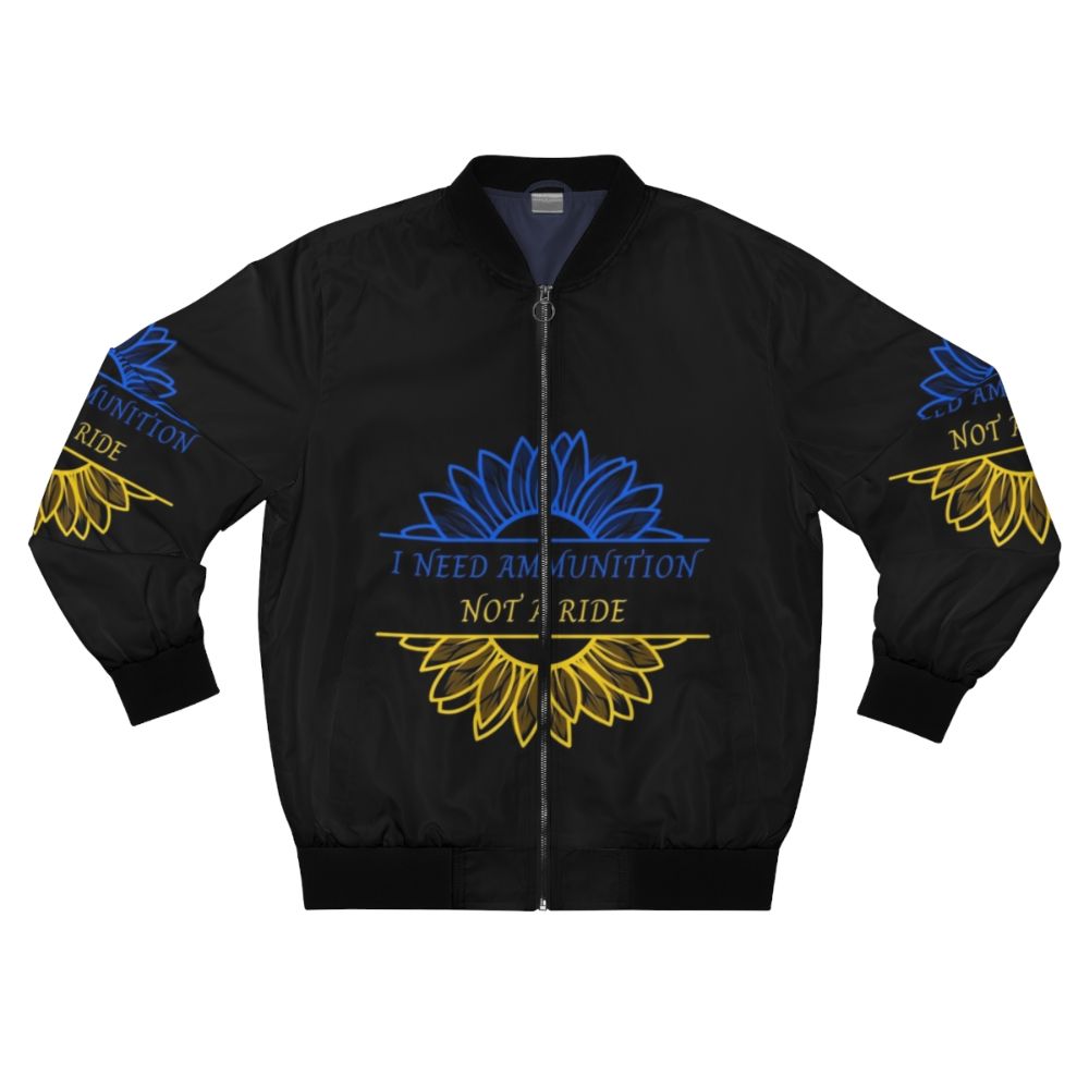 A blue and yellow bomber jacket with a sunflower design, representing the colors of the Ukrainian flag.