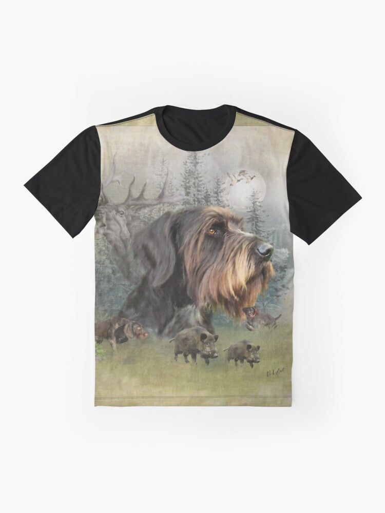 German Wirehaired Pointer boar hunting graphic design for outdoor enthusiasts and hunting dog owners. - Flat lay