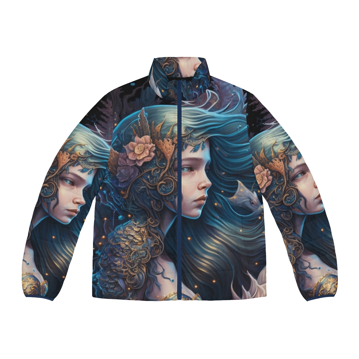 Puffer jacket featuring vibrant designs of legendary oceanic beasts and mythical sea creatures