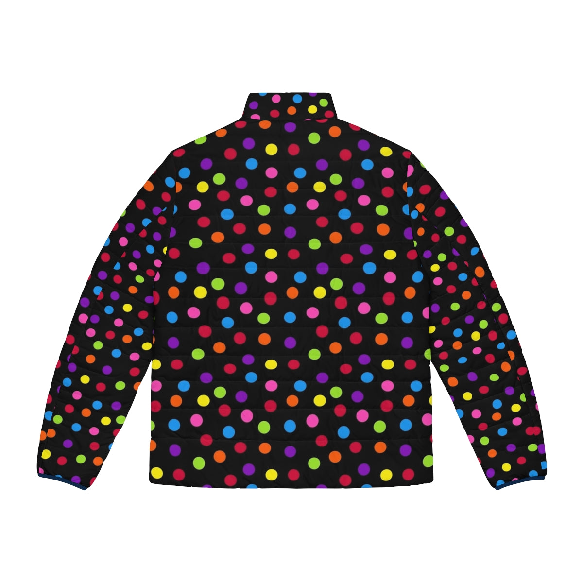 A colorful and unique rainbow puffer jacket with a confetti polka dot pattern - Back