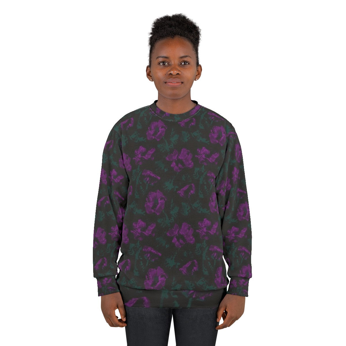 Purple flowers on black background floral sweatshirt - women