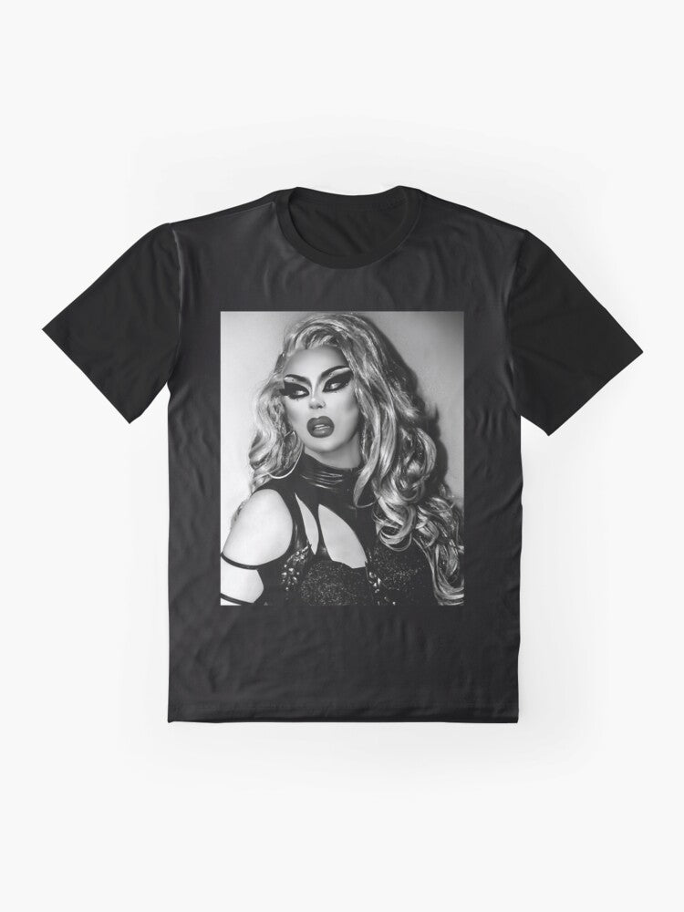 An Icesis Couture graphic t-shirt featuring a bold design with the drag queen Jujubee from RuPaul's Drag Race. - Flat lay