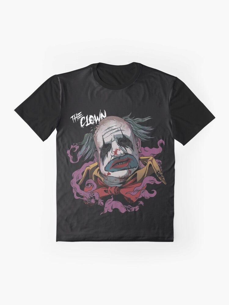 Graphic T-shirt featuring The Clown, the iconic killer character from the popular video game Dead by Daylight. - Flat lay