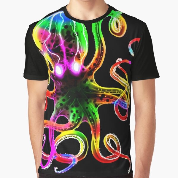 Vibrant rainbow octopus graphic on a glow-in-the-dark t-shirt design