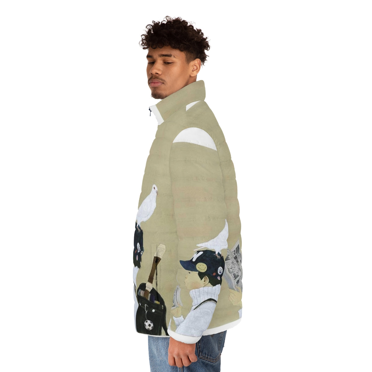 Taiyo Matsumoto inspired puffer jacket featuring the artist's unique illustration style - men side left