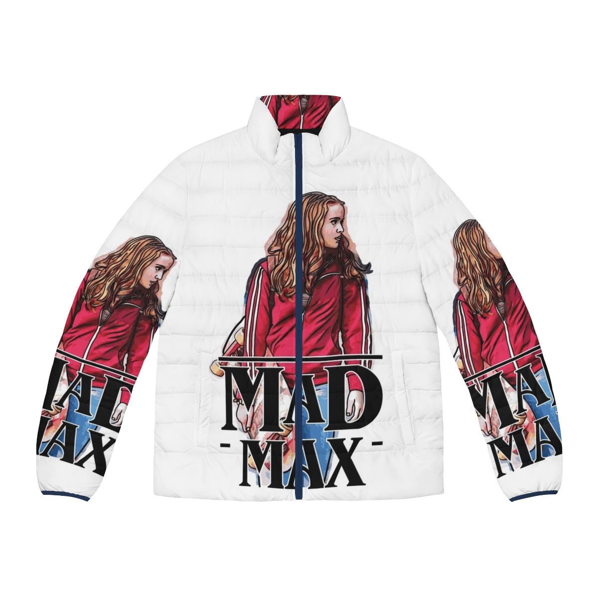 Vintage Mad Max x Stranger Things puffer jacket with post-apocalyptic dystopian design