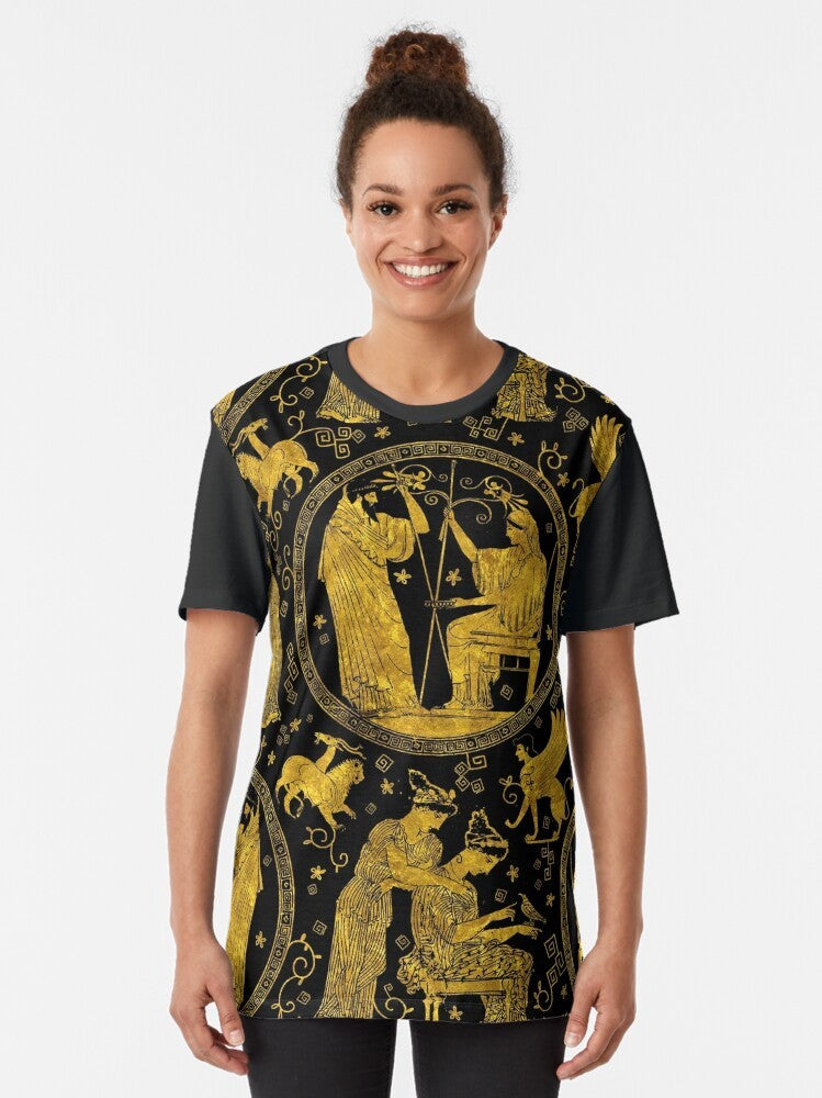 Ancient Greek art inspired graphic t-shirt with mythology and history elements - Women