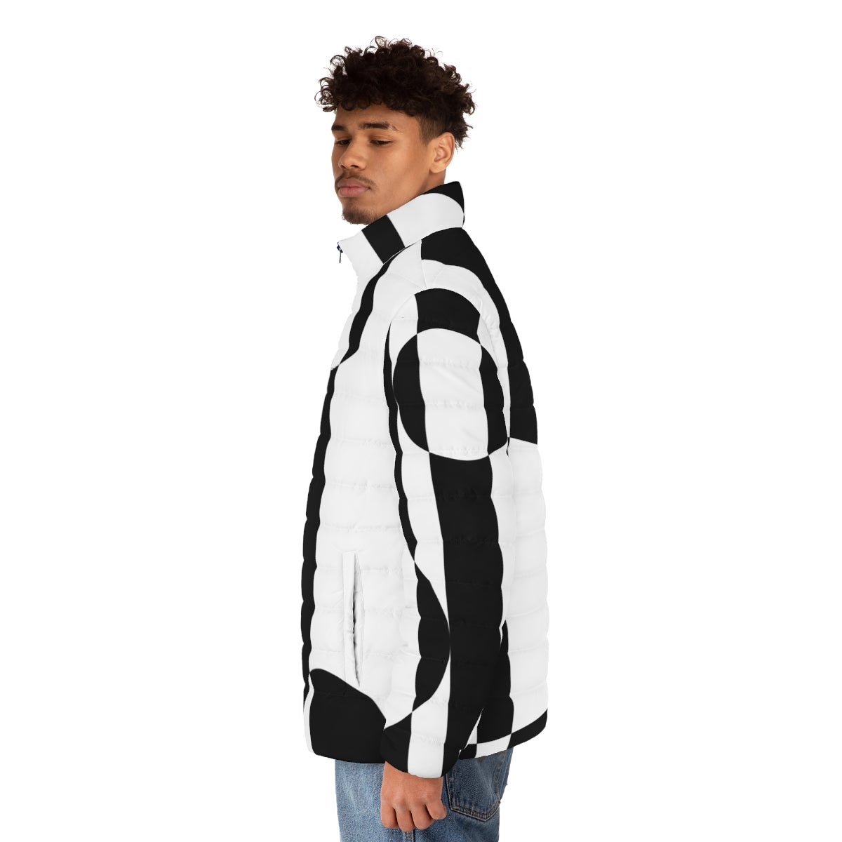 Retro 1960s op art style black and white puffer jacket - men side left