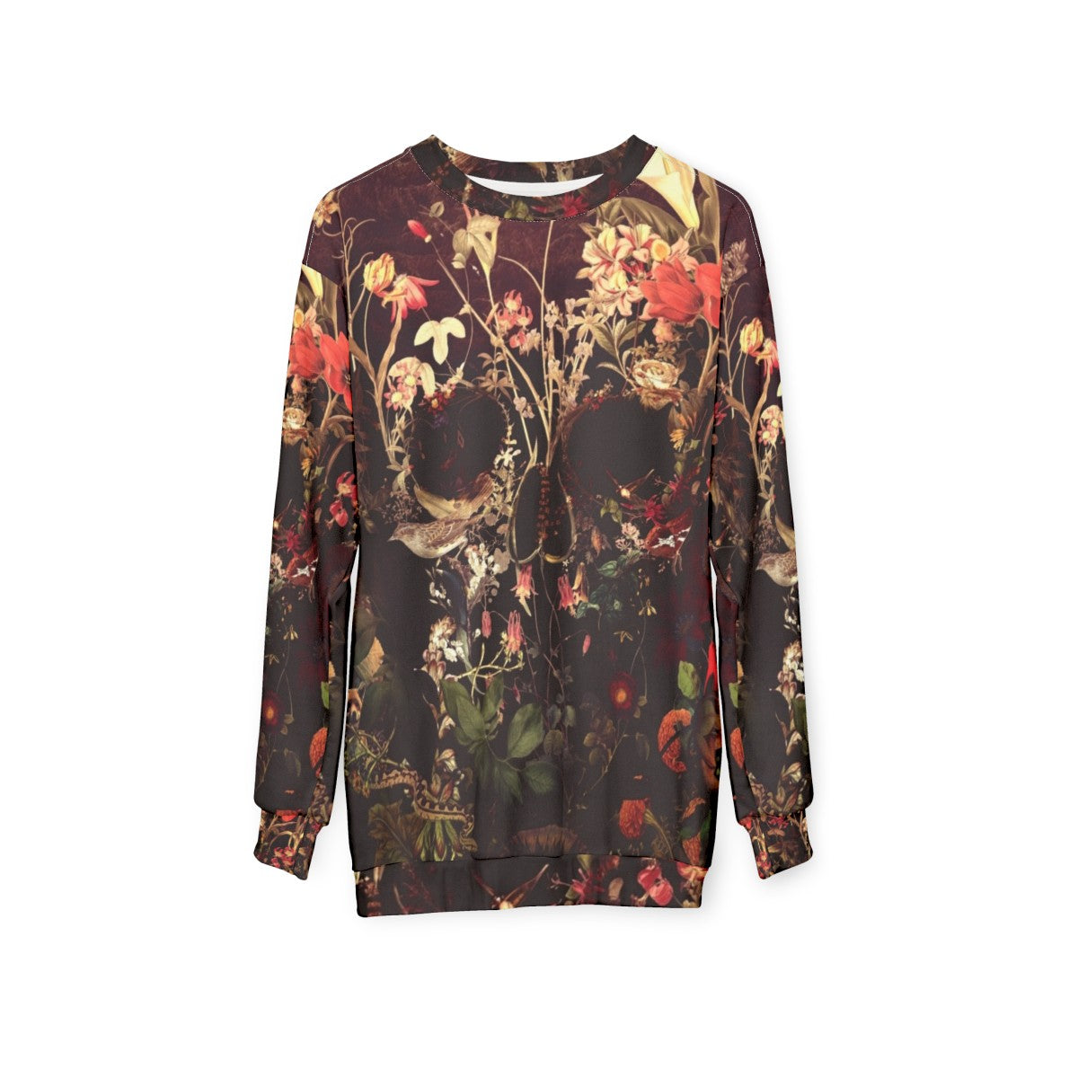 Bloom Skull Sweatshirt with Floral Gothic Skull Art - hanging