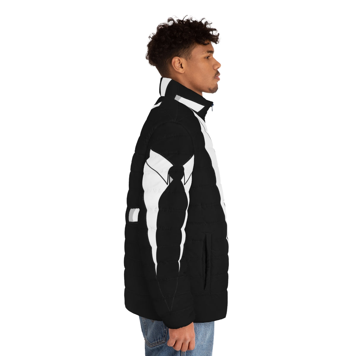 Man wearing a sleek, stylish tuxedo puffer jacket for a formal event. - men side right