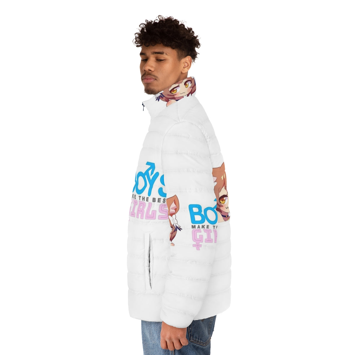 Model wearing a puffer jacket with the text "Boys Make the Best Girls" - men side left