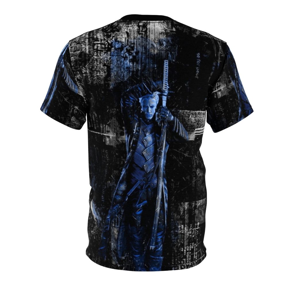 Stylish blue t-shirt featuring a design inspired by the popular video game Devil May Cry - Back