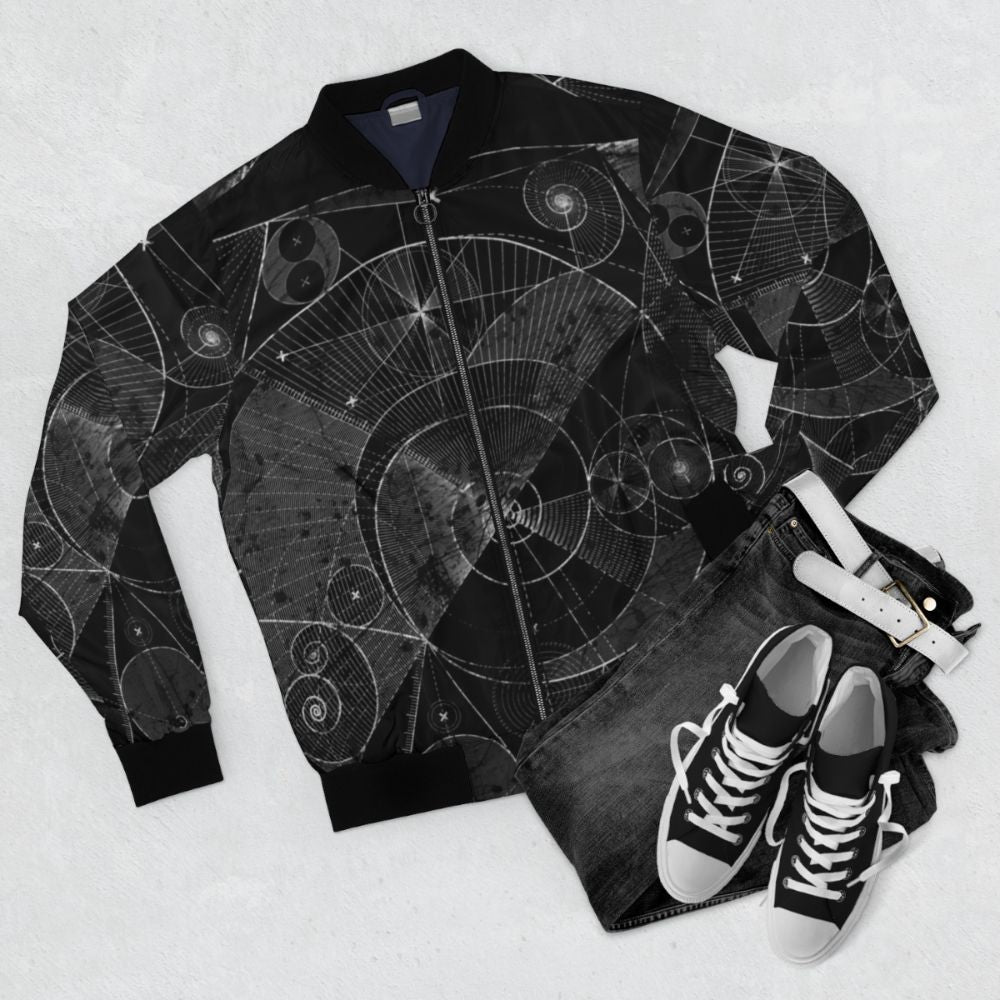 Bomber jacket with golden ratio spiral and fibonacci sequence design - Flat lay