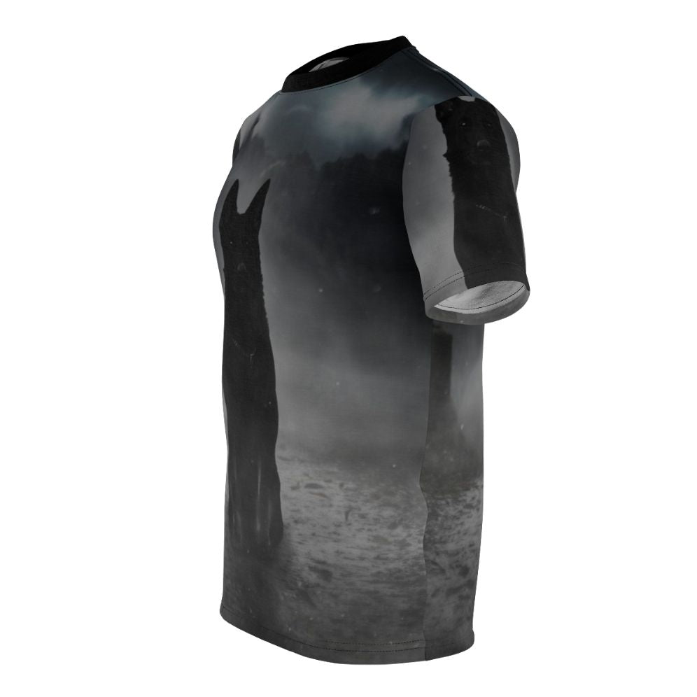 A haunting t-shirt design featuring a black German shepherd silhouette in a misty, foggy night scene. - men left