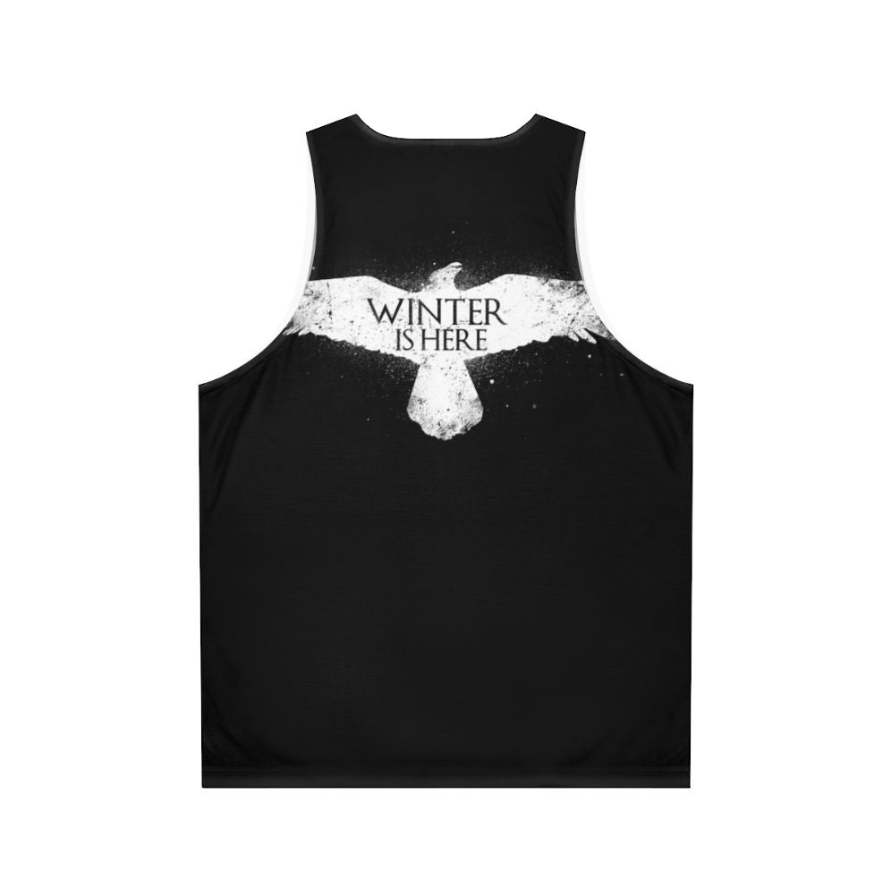 Winter Is Here Unisex Tank Top with White Raven Design - Back