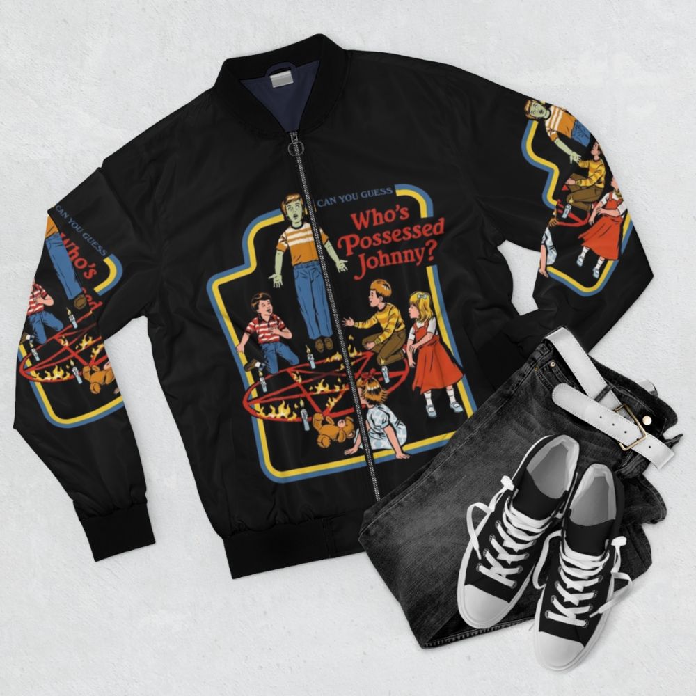 Retro bomber jacket featuring a funny occult parody design - Flat lay