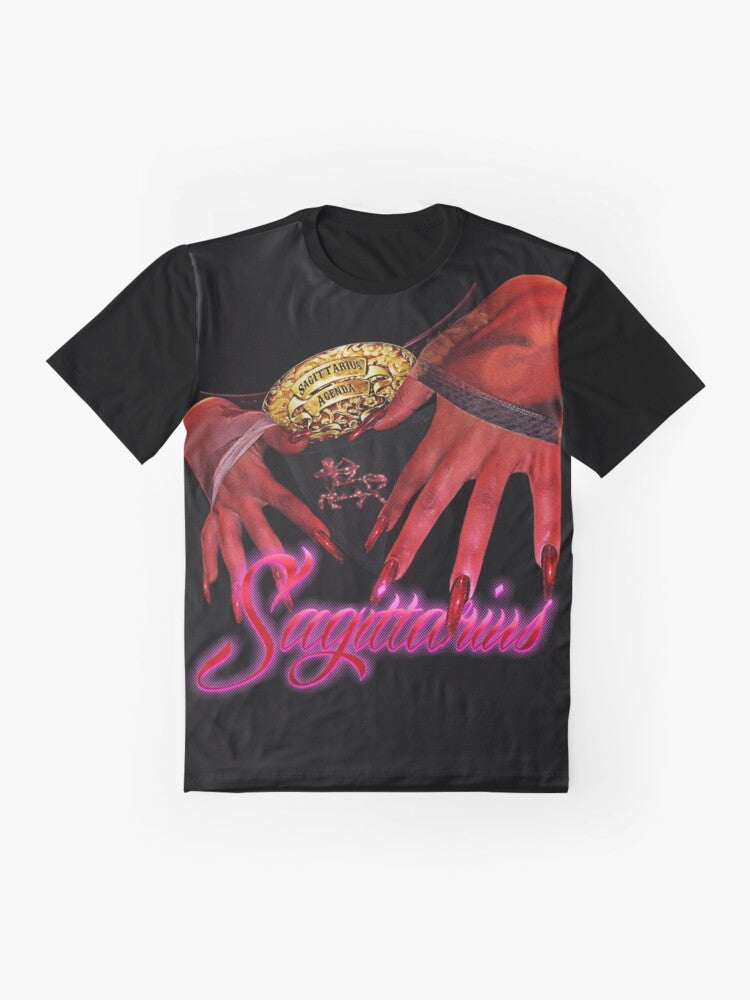 Sagittarius zodiac sign graphic t-shirt with cosmic and galaxy design - Flat lay