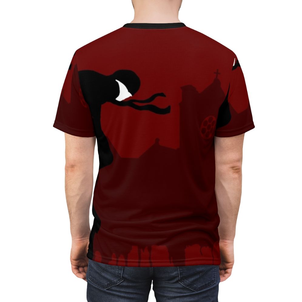 Illustration of a devil-like figure in a Daredevil-inspired minimalist design on a t-shirt - men back