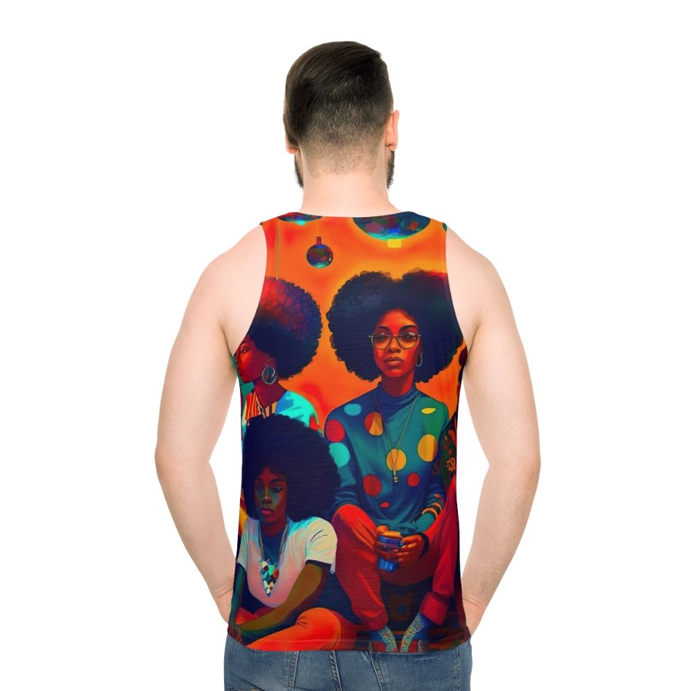 Unisex tank top with afrofuturistic, psychedelic art design - men back