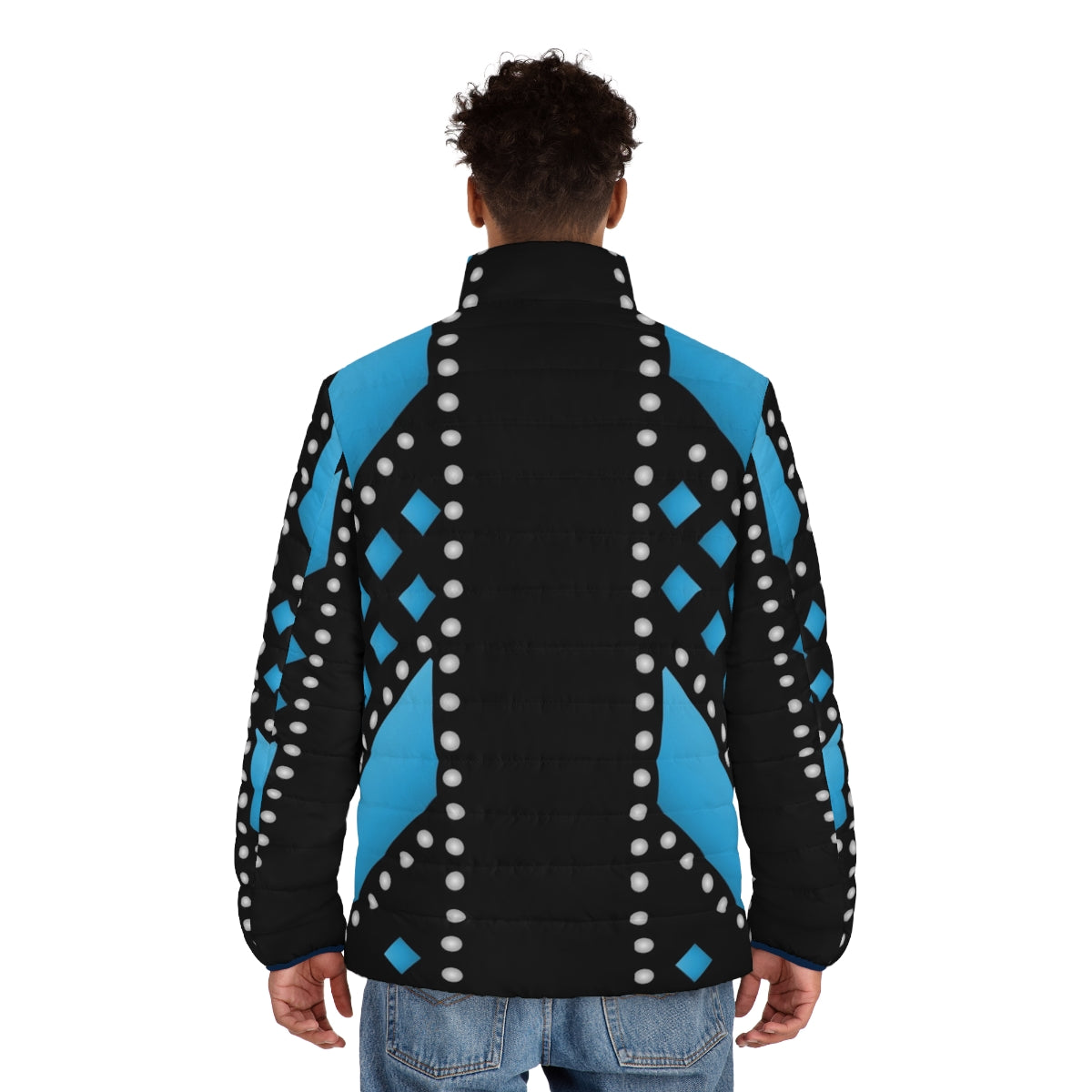 Teal puffer jacket inspired by the costumes from the musical Six - men back