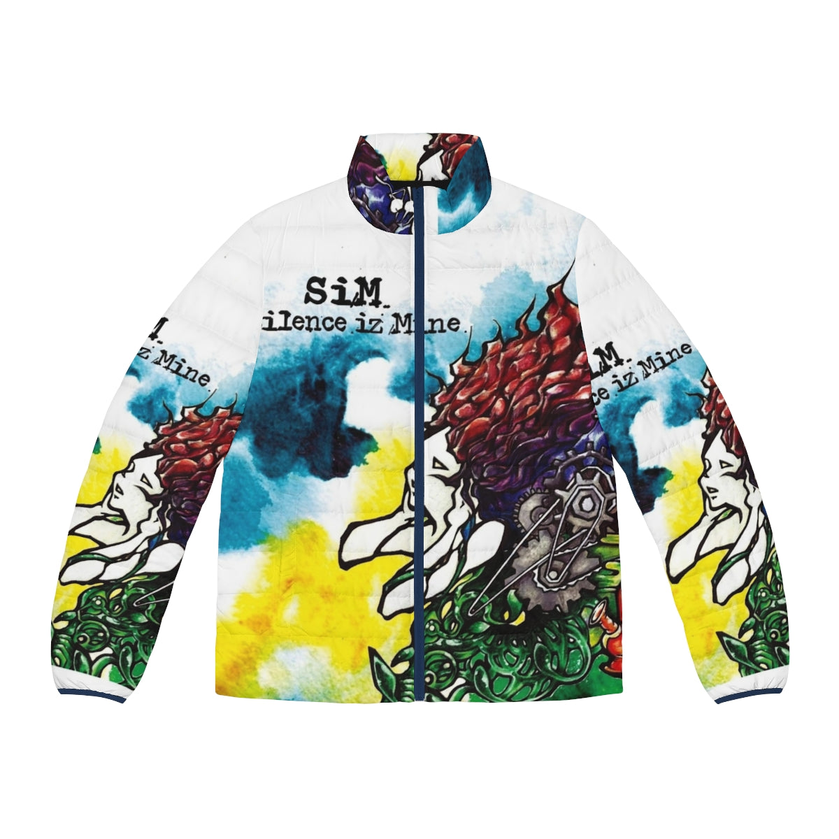 Silence Is Mine music puffer jacket, featuring band logo and album art