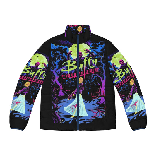 Buffy the Vampire Slayer themed puffer jacket with iconic imagery and branding