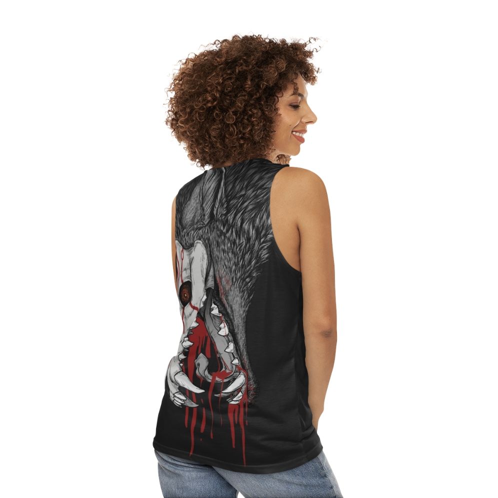 Black unisex tank top with horror graphic design - women back