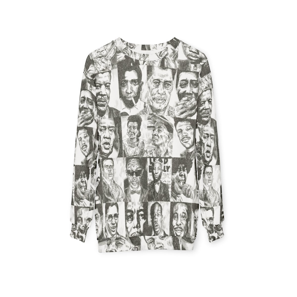 Blues music sweatshirt featuring hand-drawn portraits of legendary blues musicians - hanging