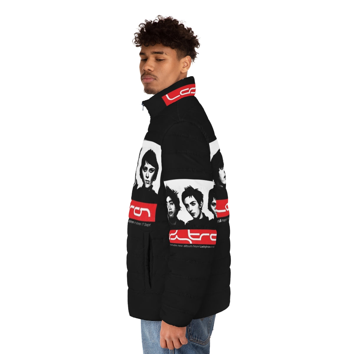 Music art puffer jacket with punk, jazz, and psychedelia inspired design - men side left