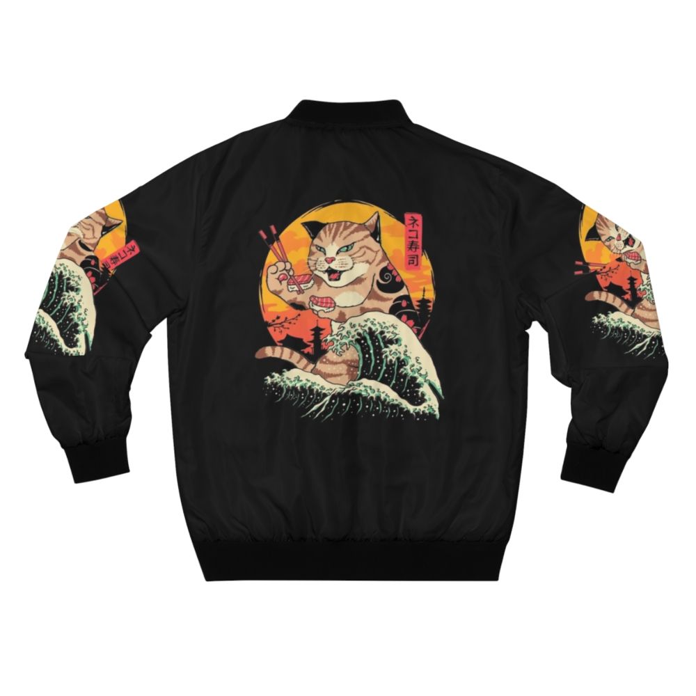 Retro wave-inspired bomber jacket featuring a design of a cat surrounded by sushi and Japanese-style waves - Back