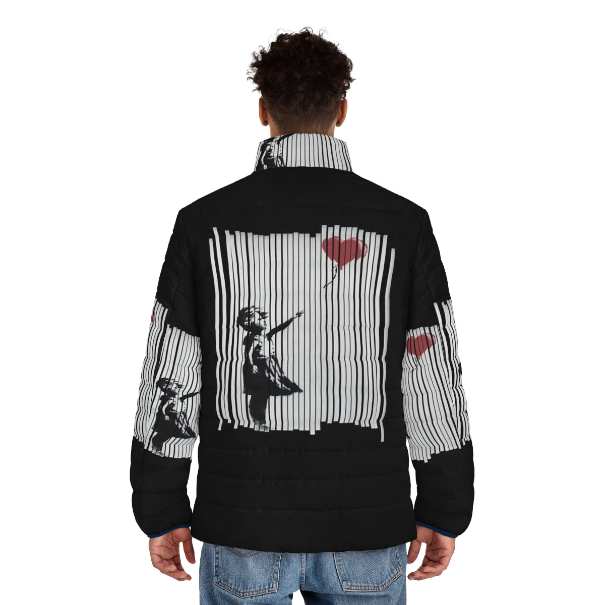 Banksy Shredded Balloon Girl Puffer Jacket with "Hey I Fixed It" Street Art Graffiti Design - men back