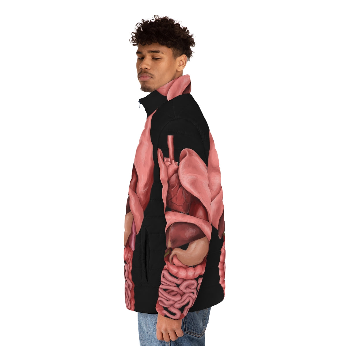 Puffer jacket with printed internal organs and human anatomy in watercolor style - men side left