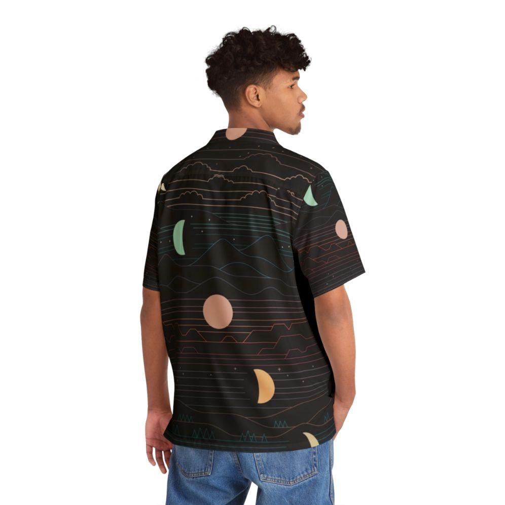 Celestial Moon Hawaiian Shirt with crescent moon, stars, and nature-inspired landscape - People Back