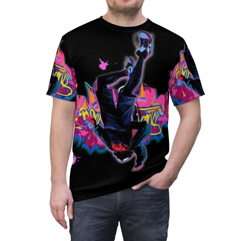 Spiderman fan art t-shirt featuring purple shadow and "free falling" text - men front