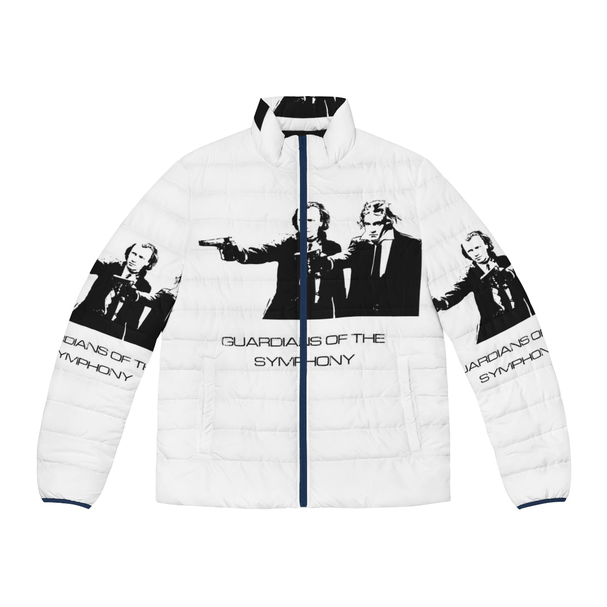 Composers puffer jacket featuring Brahms, Beethoven, and other classical music greats