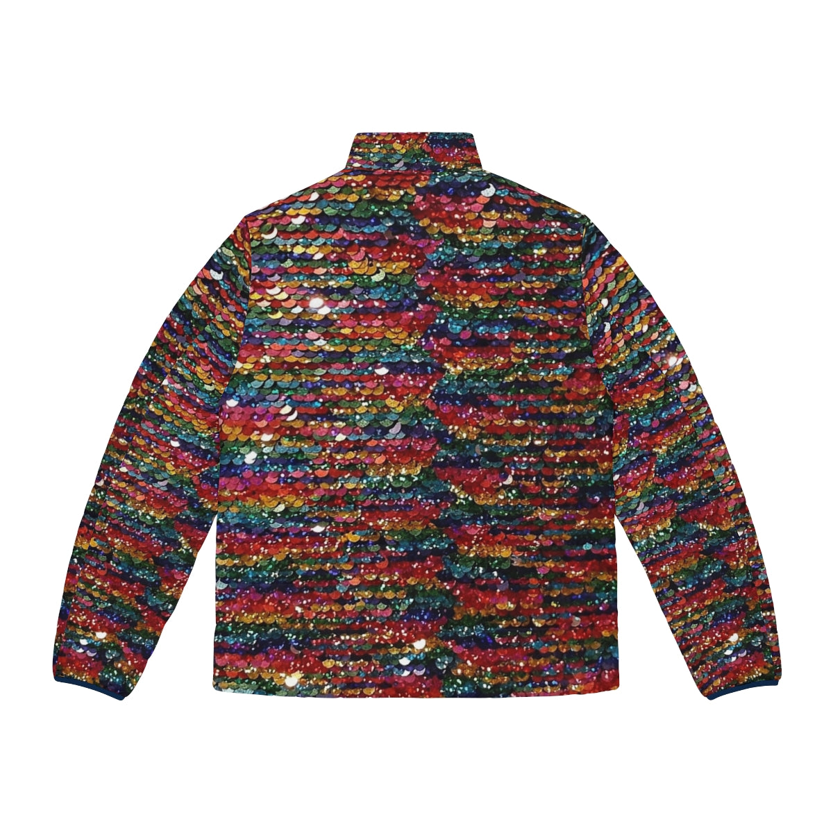 Vibrant rainbow sequin puffer jacket with a sparkling, iridescent finish - Back