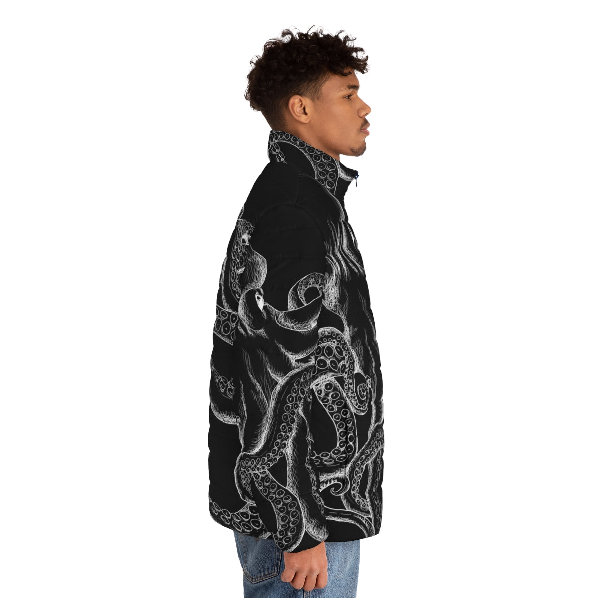 Octopus White Line Art Puffer Jacket - Minimalist Deep Sea Creature Design - men side right