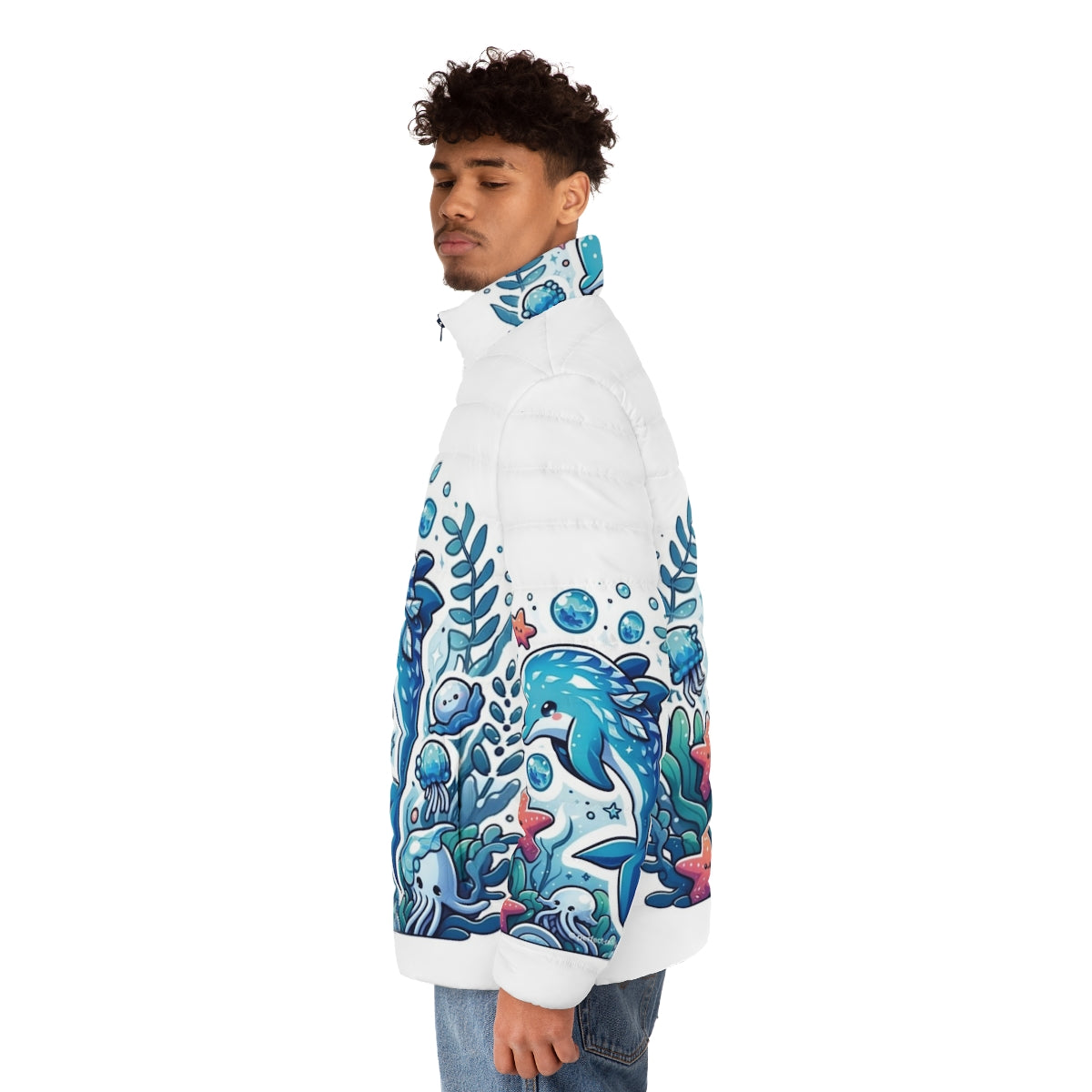 Frostfin dolphin puffer jacket with fantastical and cute design - men side left