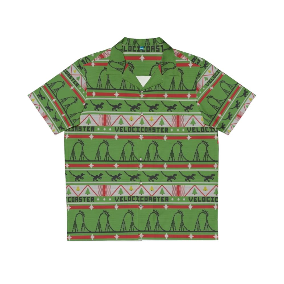 Velocicoaster Ugly Christmas Sweater Hawaiian Shirt featuring a dinosaur and tropical print design