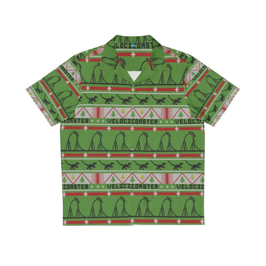 Velocicoaster Ugly Christmas Sweater Hawaiian Shirt featuring a dinosaur and tropical print design